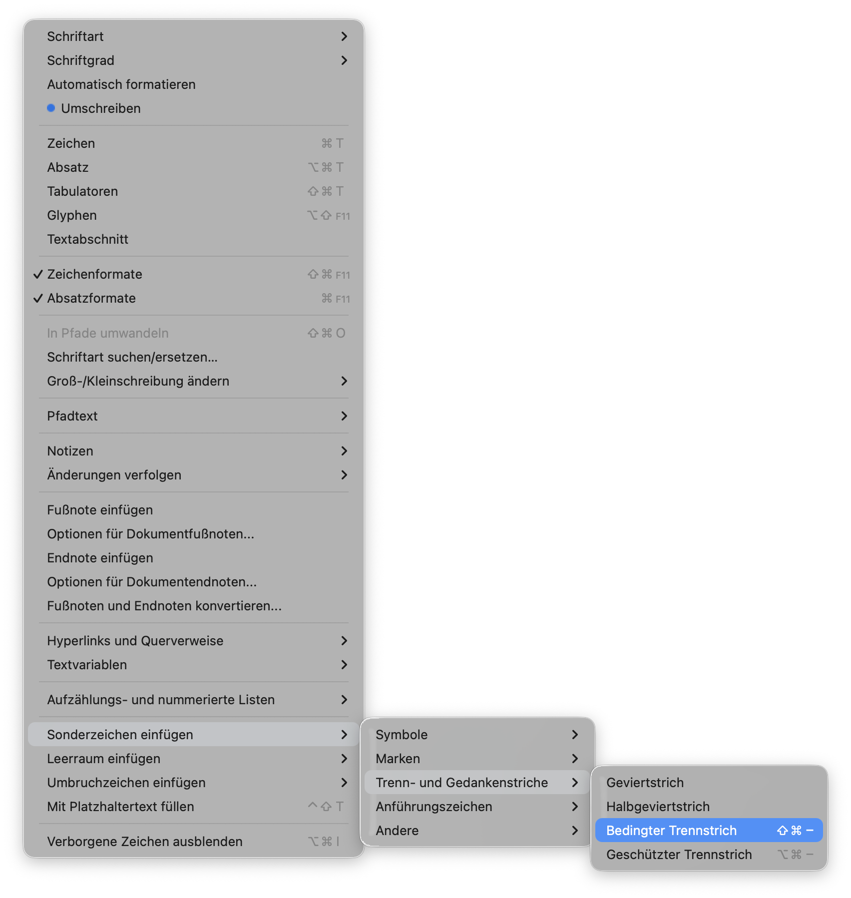 InDesign-Menü mit der Trennfuge als Sonderzeichen